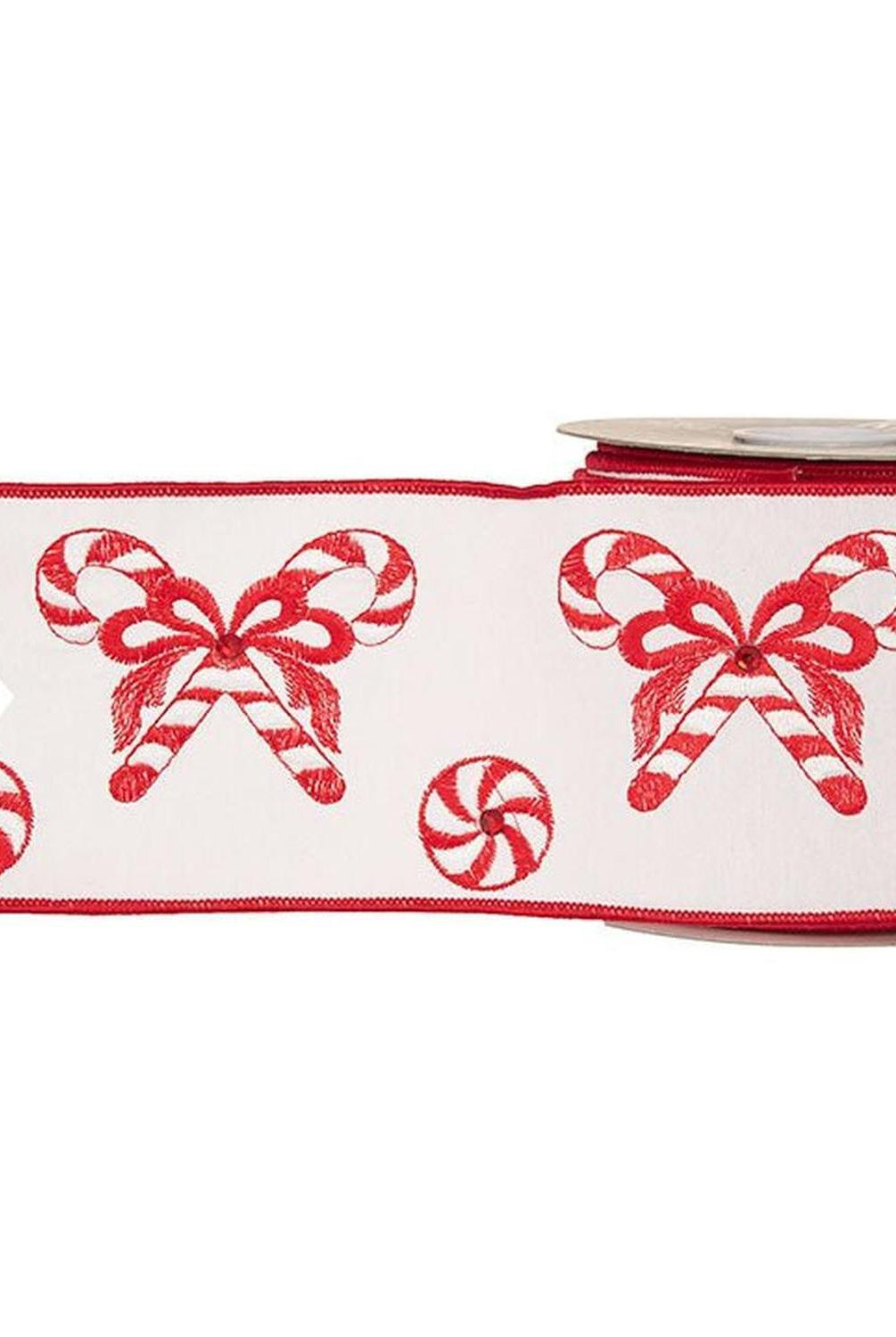 4" Candy Cane Embroidered Ribbon: Red (10 Yards)