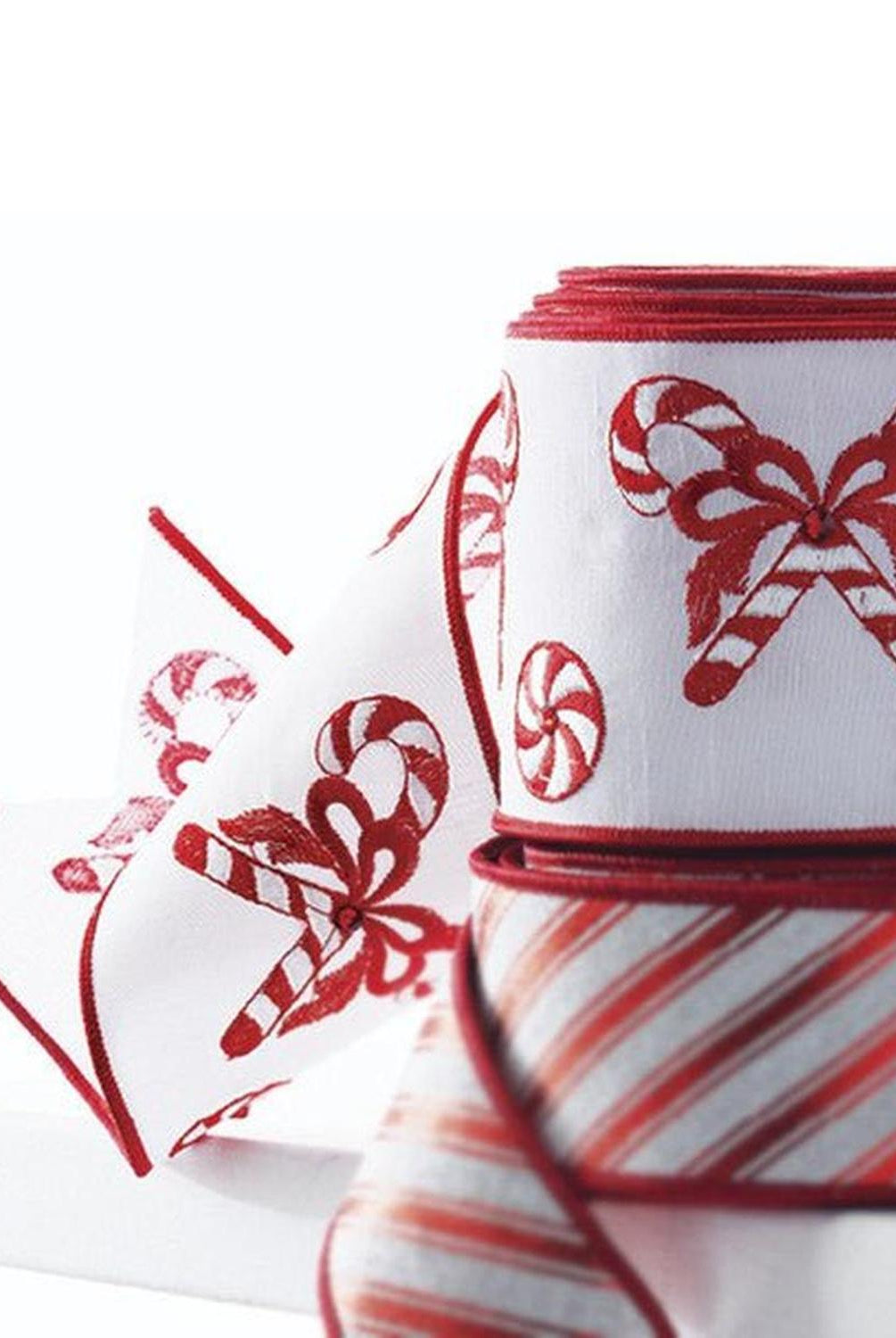 4" Candy Cane Embroidered Ribbon: Red (10 Yards)