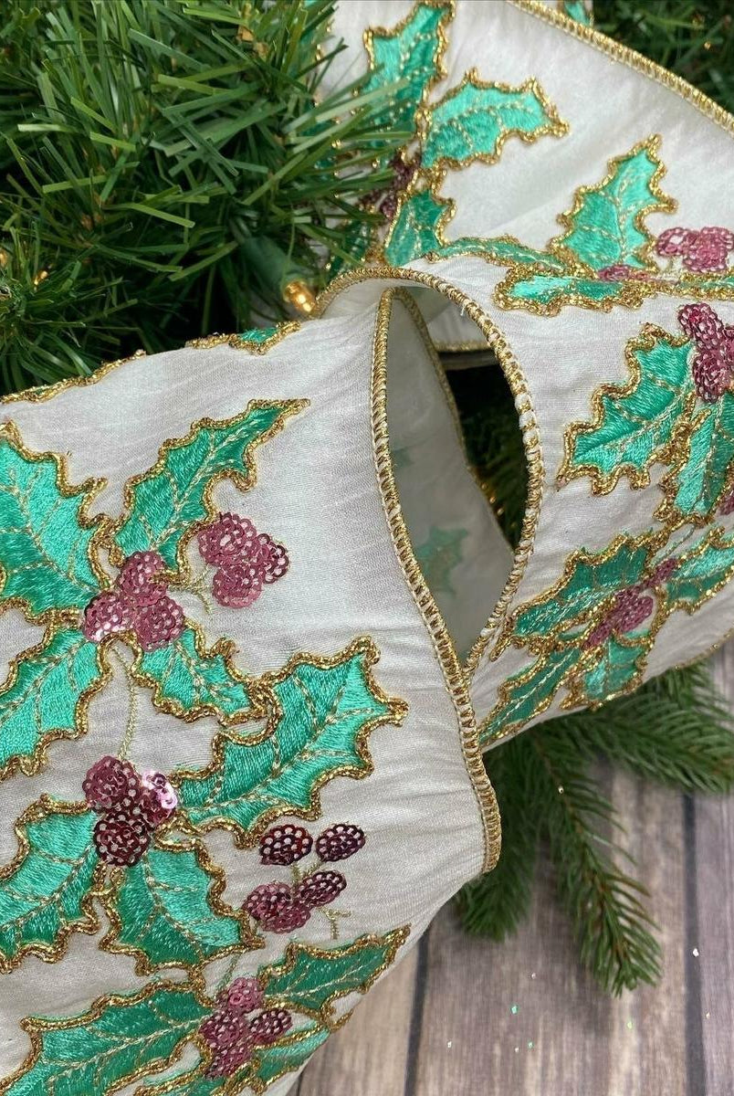Shop For 4" Dupion Pastel Holly Embroider Ribbon: White (5 Yards) at Michelle's aDOORable Creations