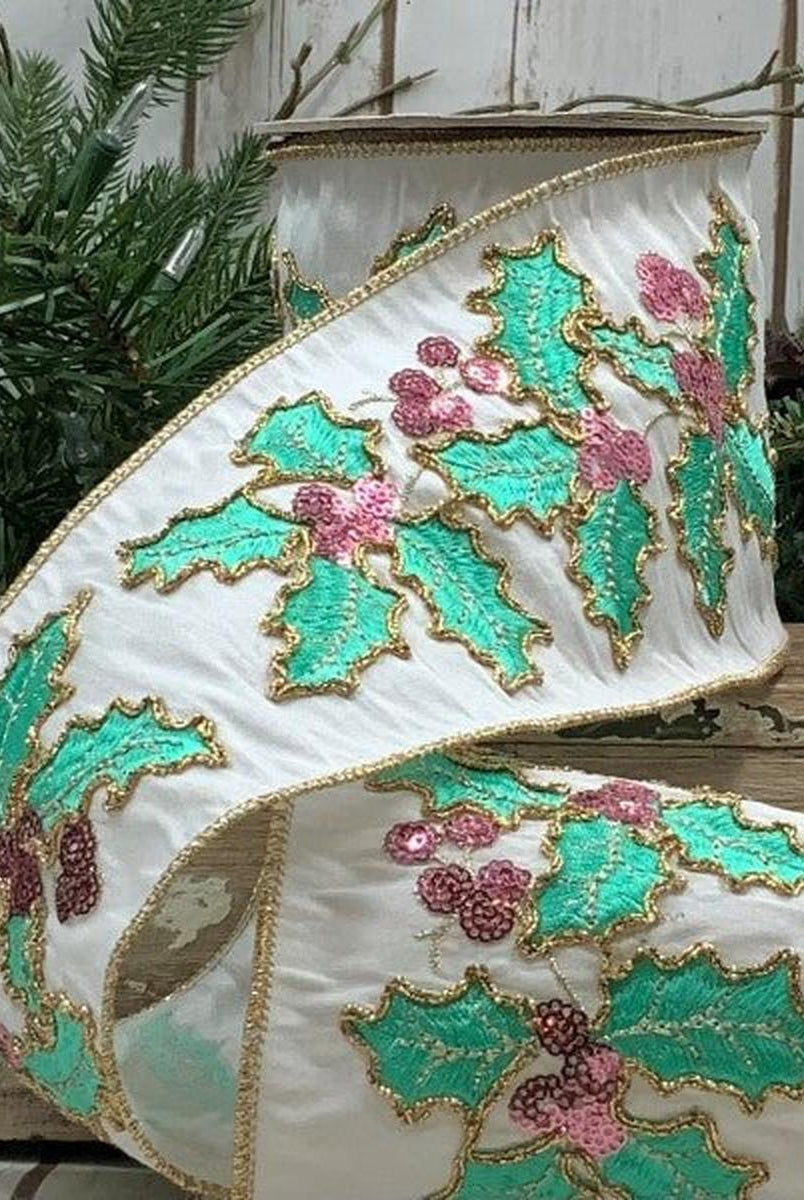 Shop For 4" Dupion Pastel Holly Embroider Ribbon: White (5 Yards) at Michelle's aDOORable Creations
