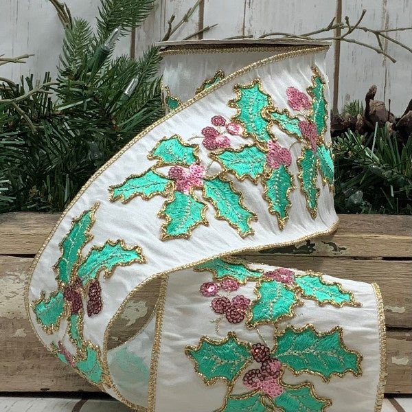 Shop For 4" Dupion Pastel Holly Embroider Ribbon: White (5 Yards) at Michelle's aDOORable Creations