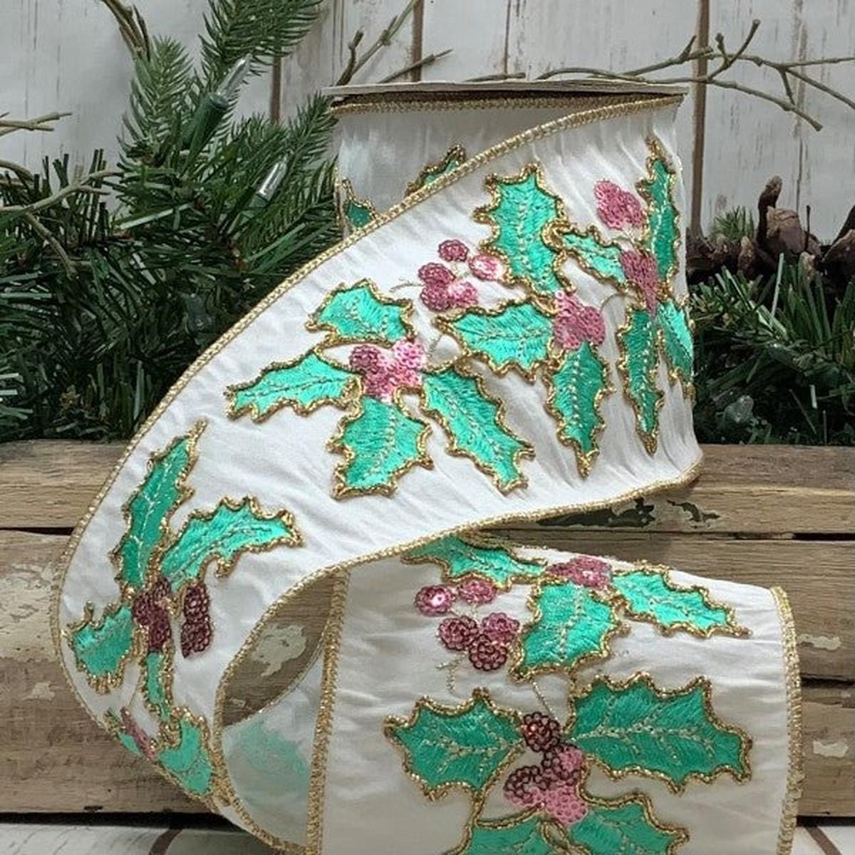 Shop For 4" Dupion Pastel Holly Embroider Ribbon: White (5 Yards) at Michelle's aDOORable Creations