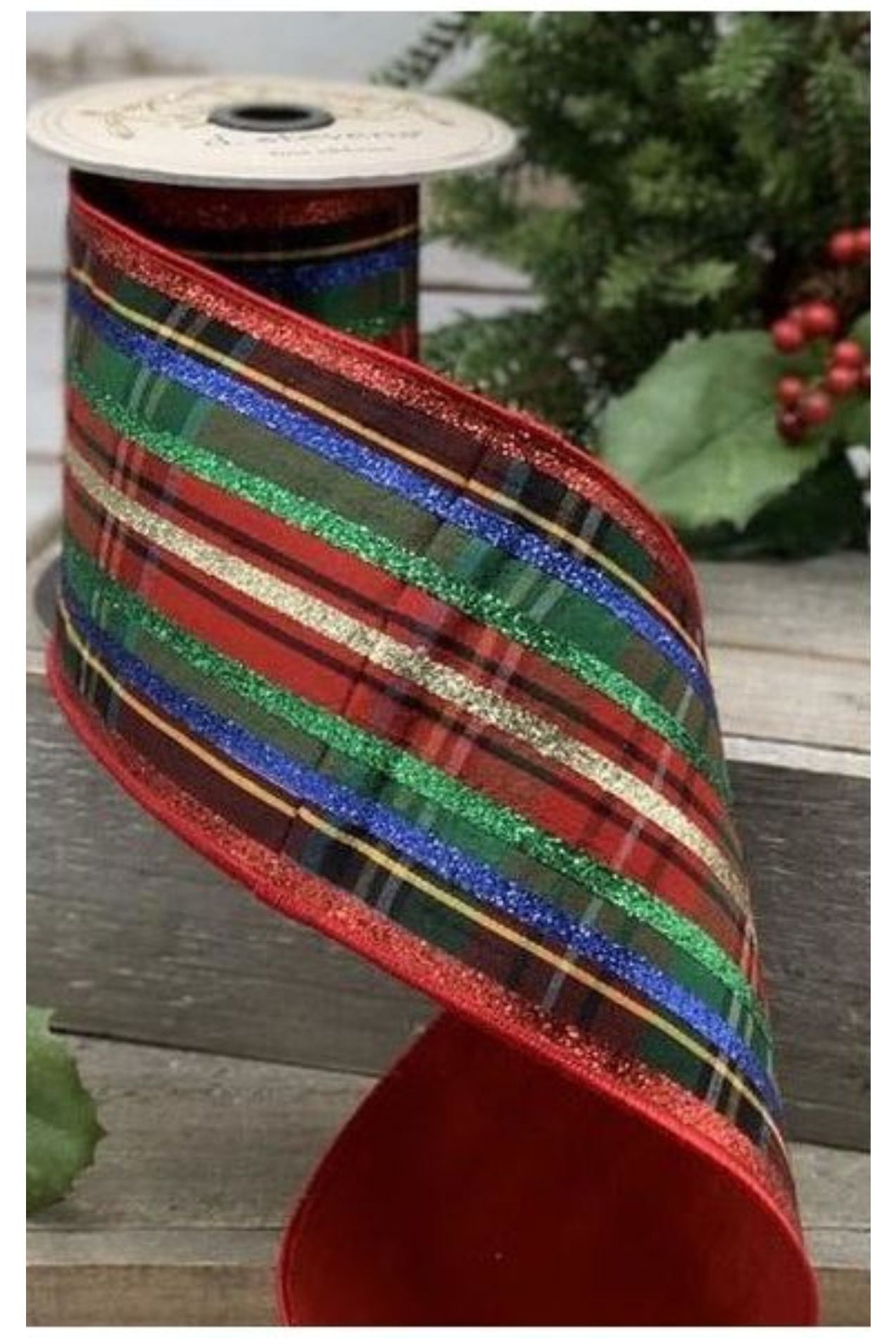 Shop For 4" Dupion Traditional Plaid Glitter Ribbon: Red, Green & Blue (5 Yards) at Michelle's aDOORable Creations