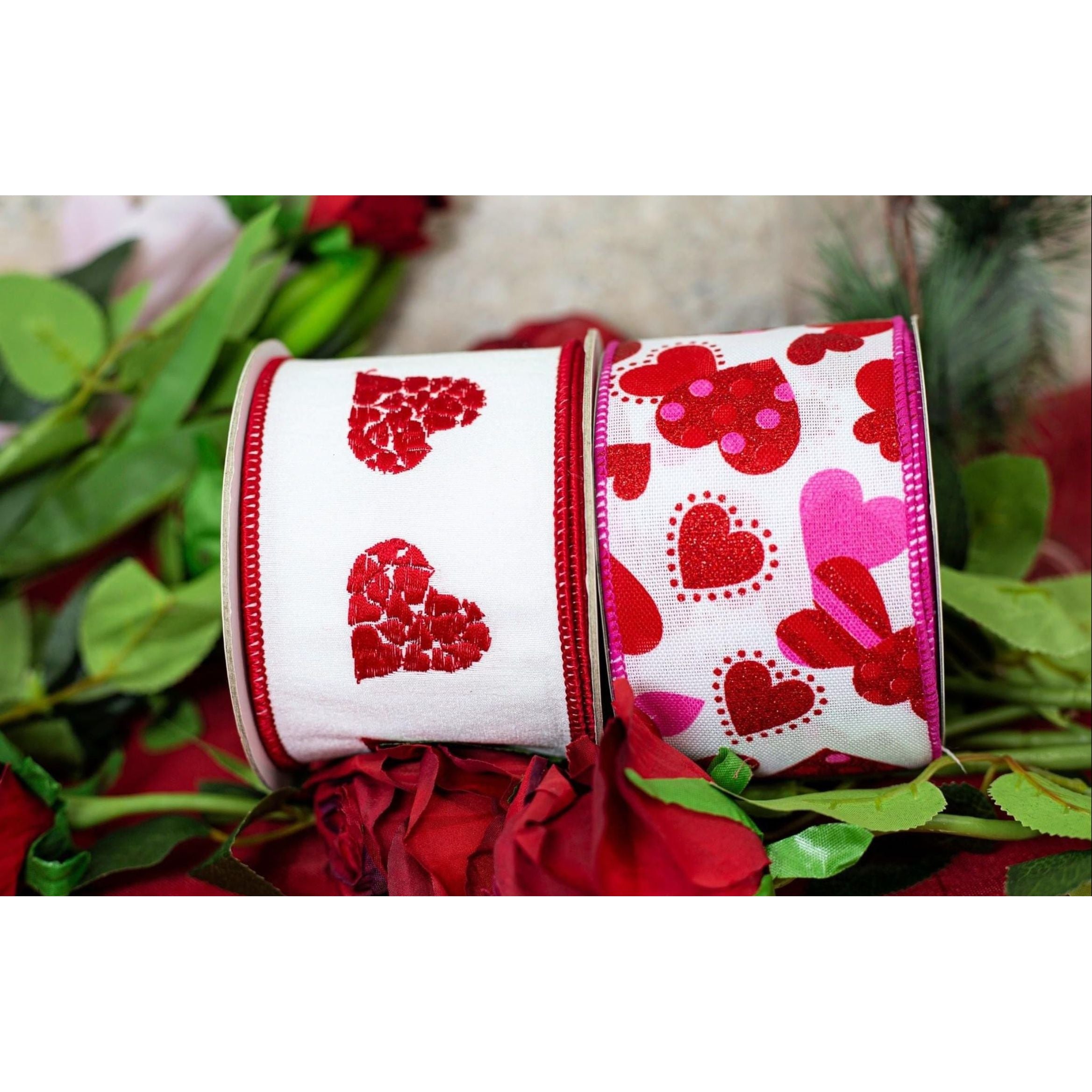 Shop For 4" Embroidered Hearts Ribbon: White/Red (10 Yards) at Michelle's aDOORable Creations