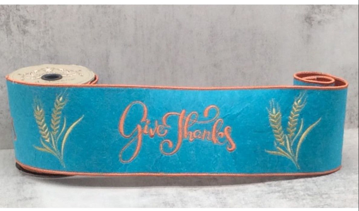 Shop For 4" Embroidery Give Thanks Felt Ribbon: Teal (5 Yards) at Michelle's aDOORable Creations