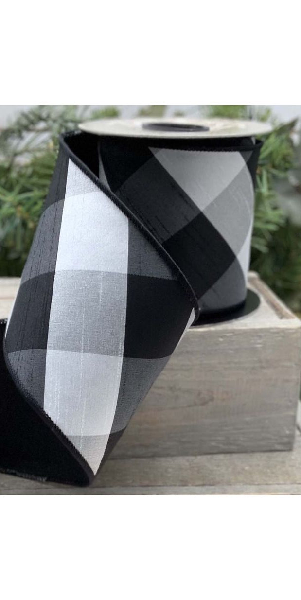 4" Faux Dupion Diagonal Check Ribbon: Black & White (10 Yards) - Michelle's aDOORable Creations - Wired Edge Ribbon