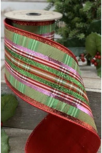 Shop For 4" Faux Dupion Plaid Glitter Ribbon: Green, Pink & Red (5 Yards) at Michelle's aDOORable Creations