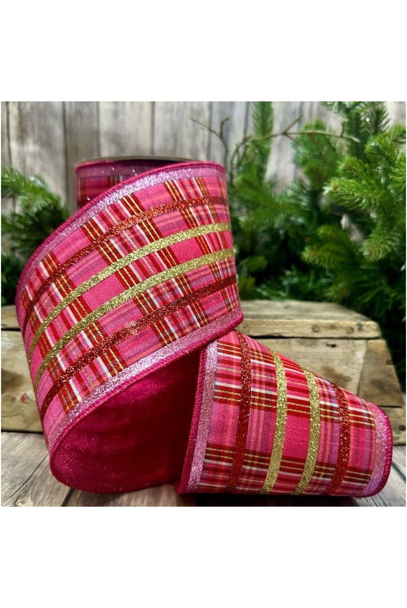 Shop For 4" Faux Dupion Plaid Glitter Ribbon: Red, Pink and Gold (5 Yards) at Michelle's aDOORable Creations