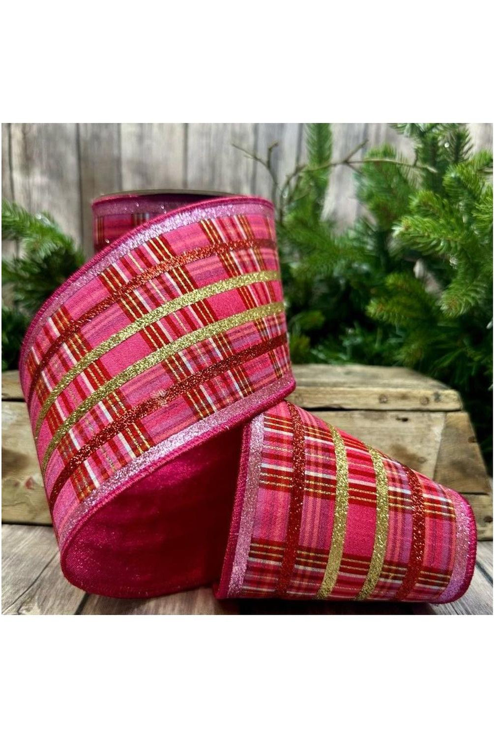 4" Faux Dupion Plaid Glitter Ribbon: Red, Pink and Gold (5 Yards)
