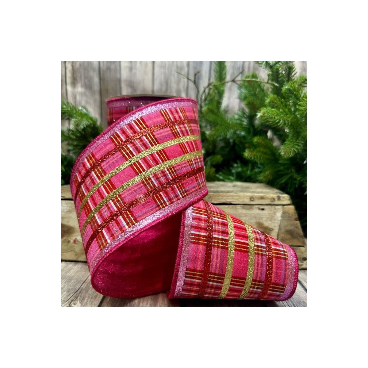 Shop For 4" Faux Dupion Plaid Glitter Ribbon: Red, Pink and Gold (5 Yards) at Michelle's aDOORable Creations
