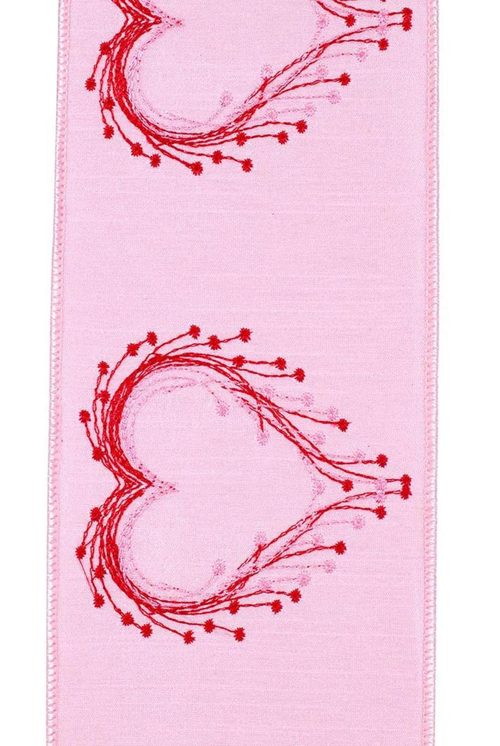 4" Heart Embroidery Dupioni Ribbon: Pink (10 Yards)
