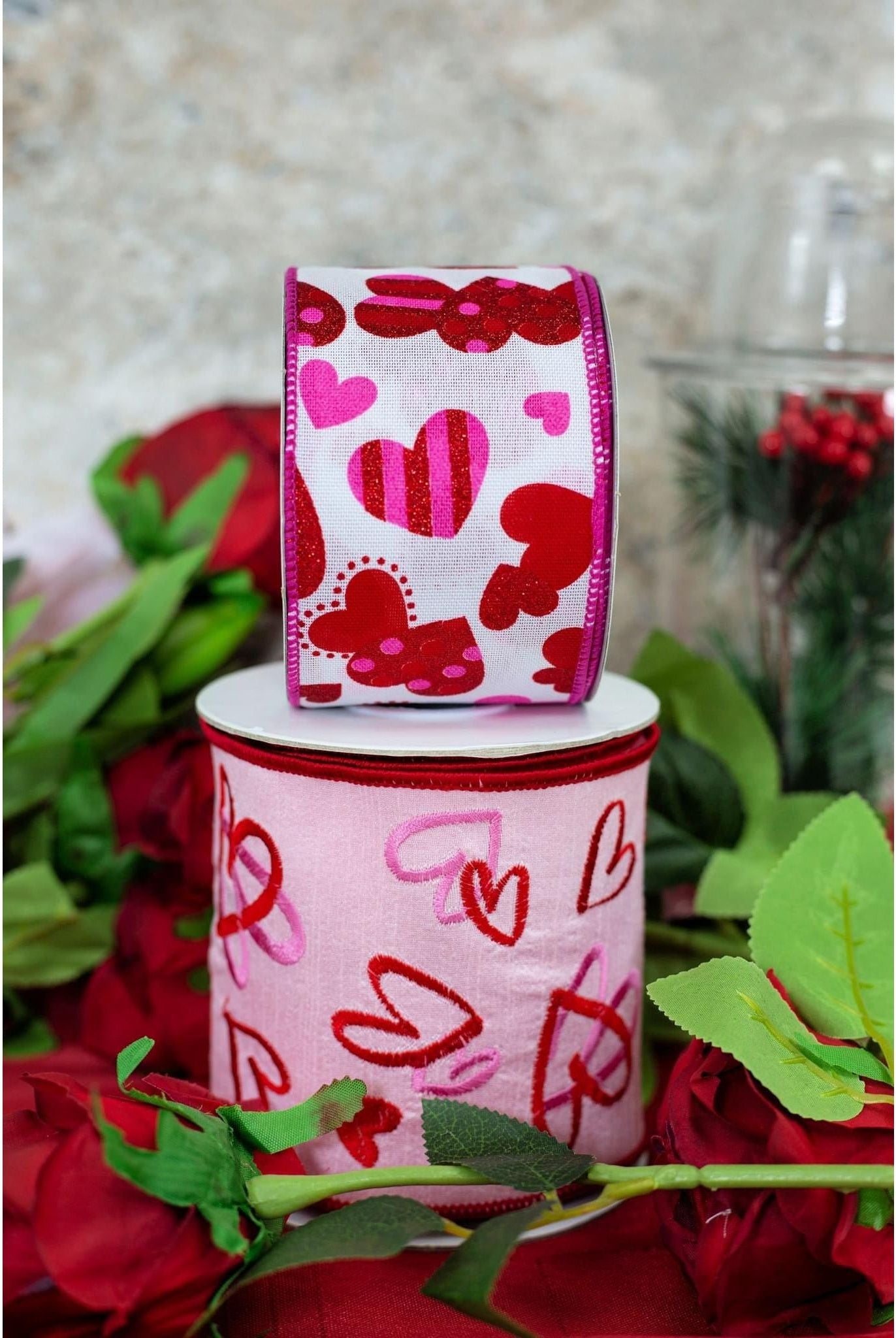 Shop For 4" Heart Embroidery Dupioni Ribbon: Pink (10 Yards) at Michelle's aDOORable Creations