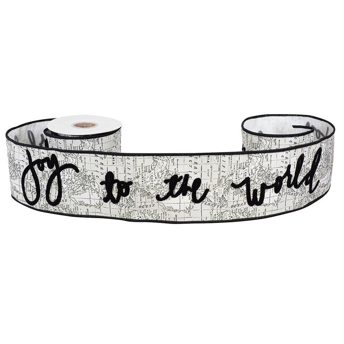 Shop For 4" Joy To The World Canvas Ribbon: White/Black (5 Yards) at Michelle's aDOORable Creations
