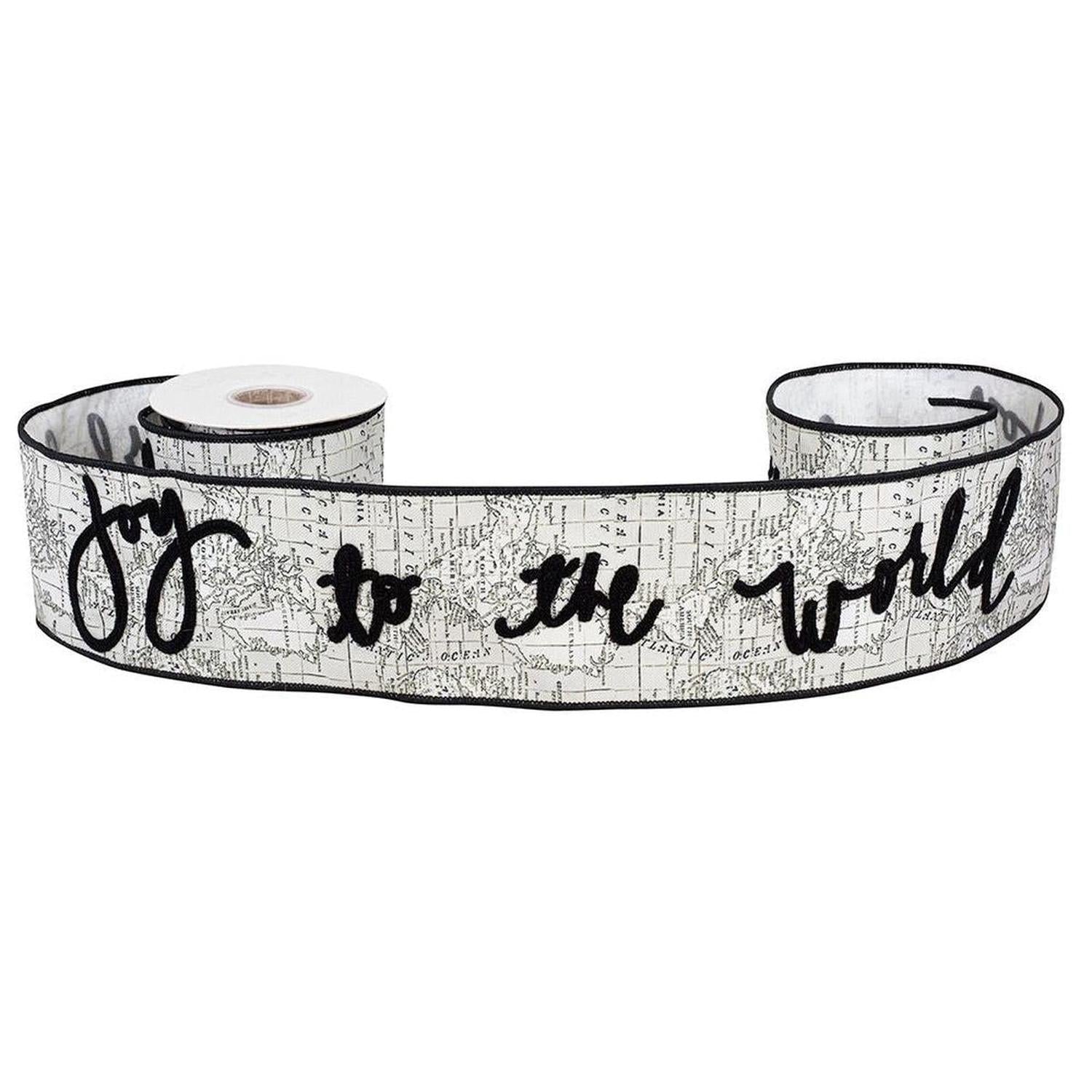 Shop For 4" Joy To The World Canvas Ribbon: White/Black (5 Yards) at Michelle's aDOORable Creations