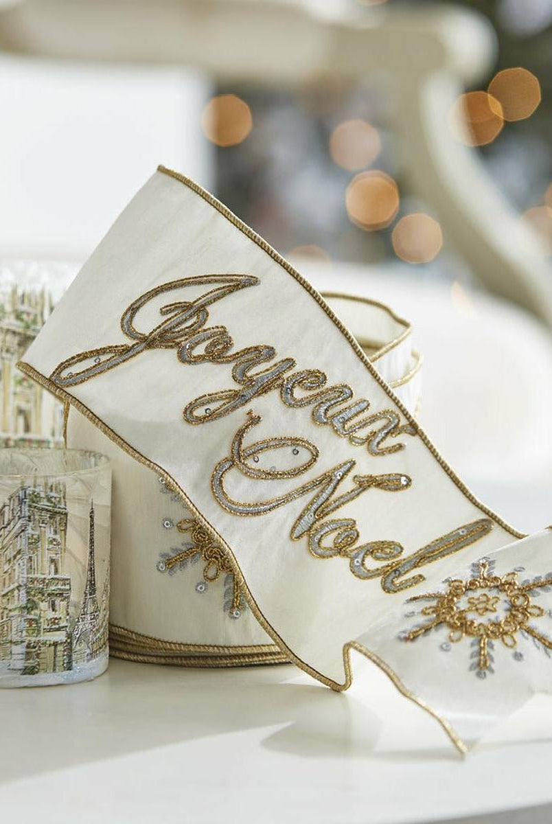 Shop For 4" Joyeux Noel Embroidered Ribbon (10 Yards) at Michelle's aDOORable Creations