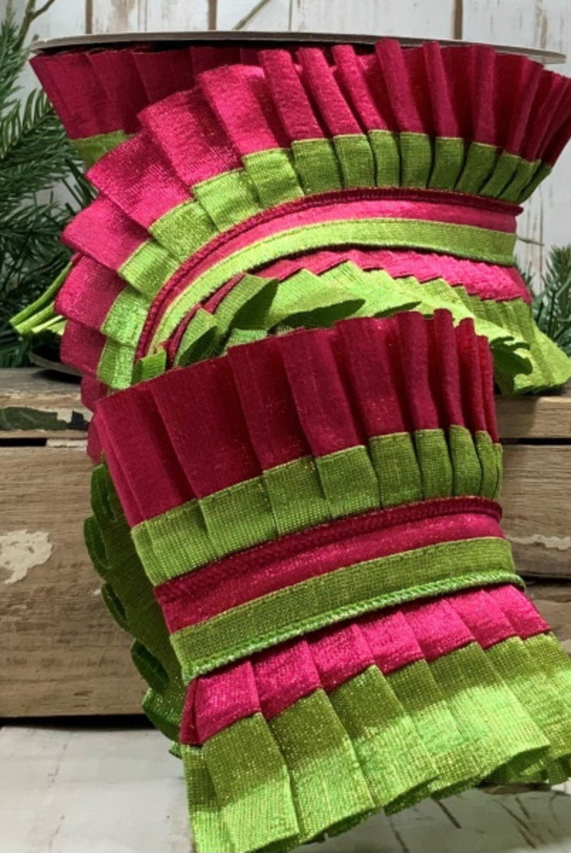 Shop For 4" Metallic Dupion Pleated Ruffle Ribbon: Lime/Hot Pink (5 Yards) at Michelle's aDOORable Creations