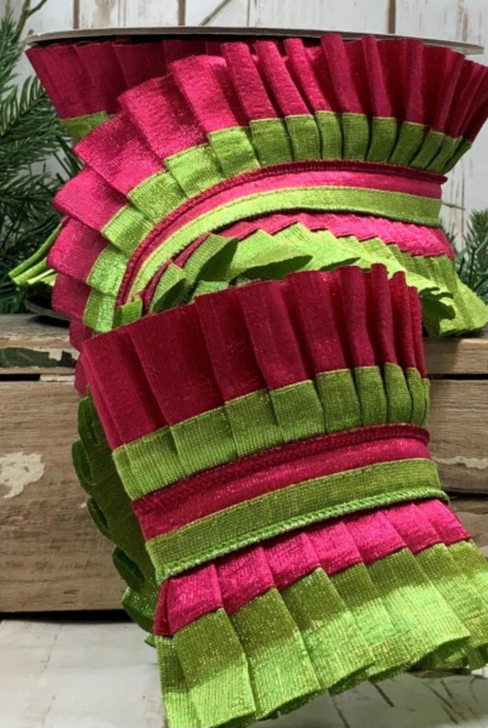 4" Metallic Dupion Pleated Ruffle Ribbon: Lime/Hot Pink (5 Yards)