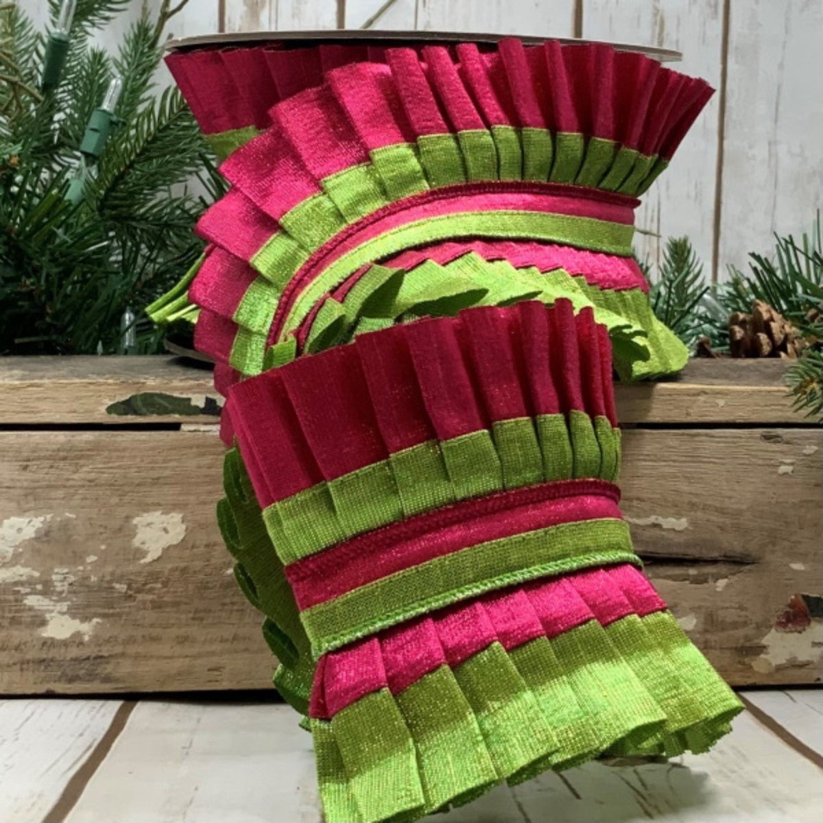 Shop For 4" Metallic Dupion Pleated Ruffle Ribbon: Lime/Hot Pink (5 Yards) at Michelle's aDOORable Creations