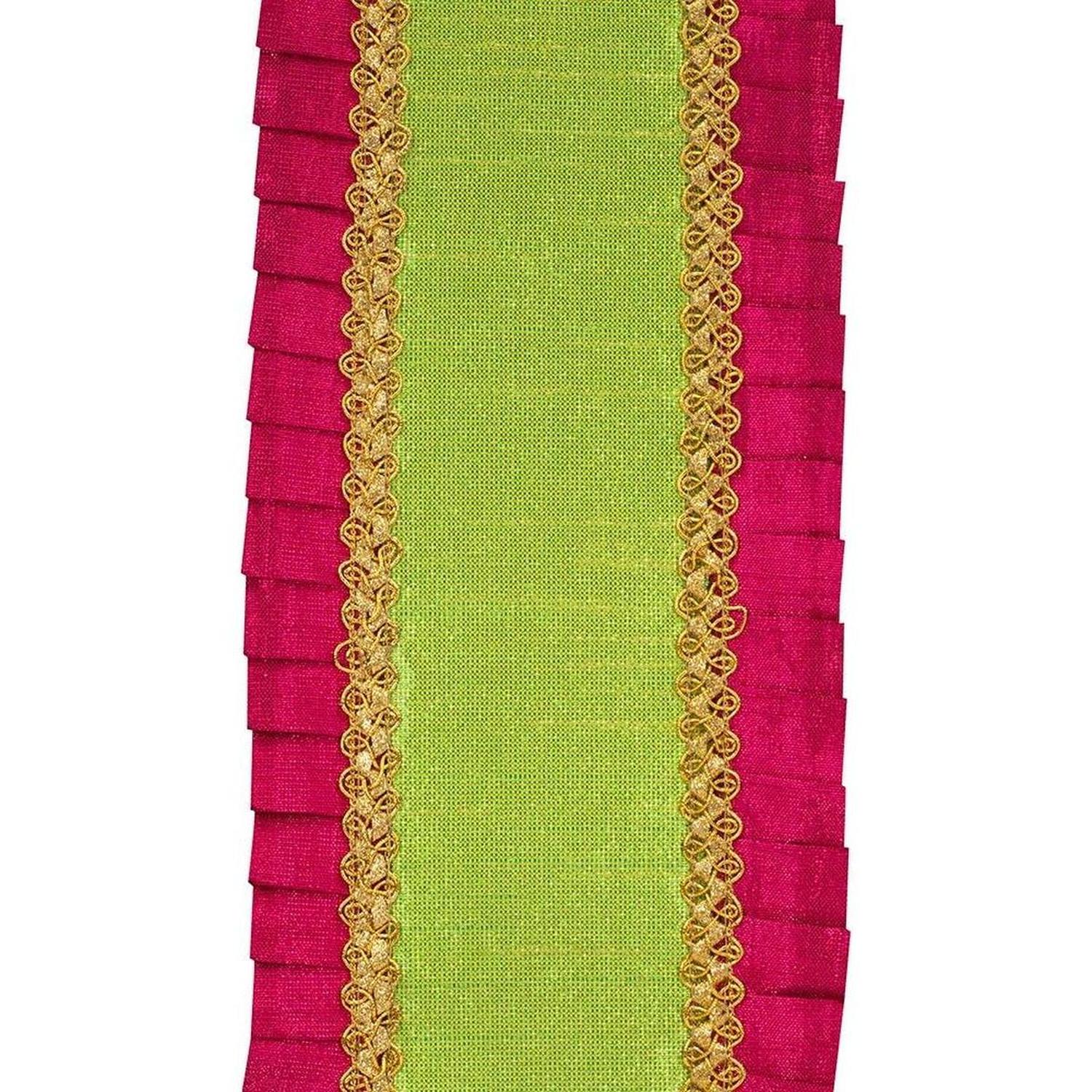 4" Metallic Pleated Dupioni Ribbon: Lime/Fuchsia (5 Yards)