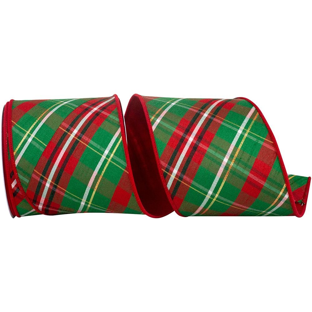 Shop For 4" Plaid Dupioni Verde Diagonal Ribbon: Red/Green (10 Yards) at Michelle's aDOORable Creations
