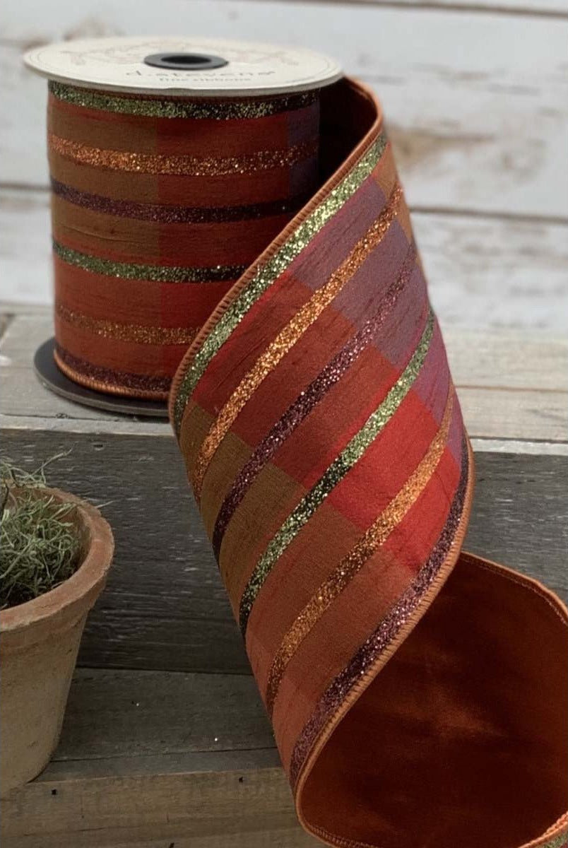 Shop For 4" Plaid Glitter Stripe Ribbon: Autumn Orange (5 Yards) at Michelle's aDOORable Creations