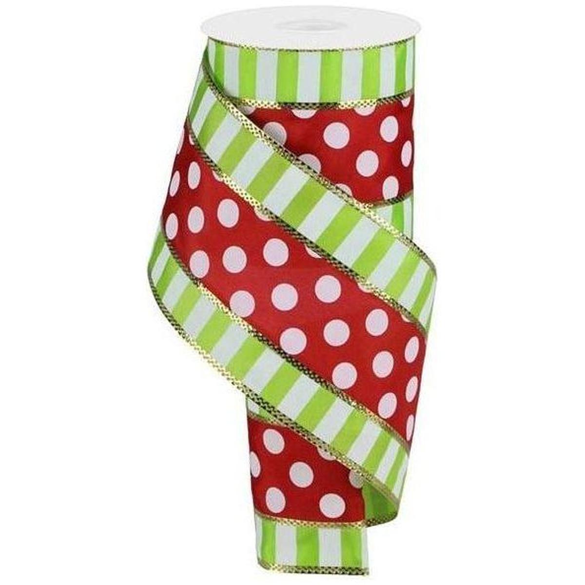 Shop For 4" Striped Edge Polka Dot Ribbon: Red, Lime & White (10 Yards) at Michelle's aDOORable Creations