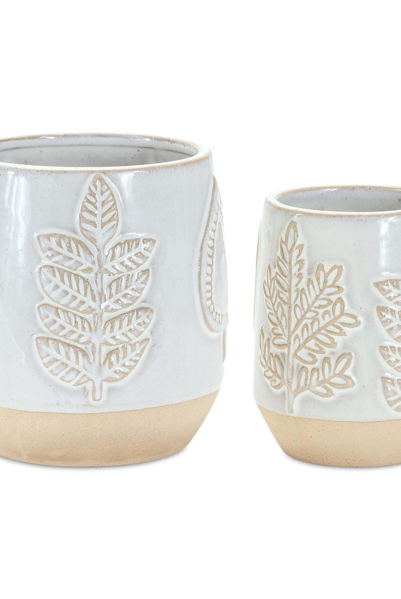 Shop For Two Tone Porcelain Planter with Leaf Design (Set of 2) at Michelle's aDOORable Creations