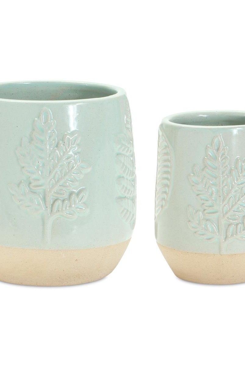 Shop For 5" Mint Green Leaf Design Planter Vases (Set of 2) at Michelle's aDOORable Creations