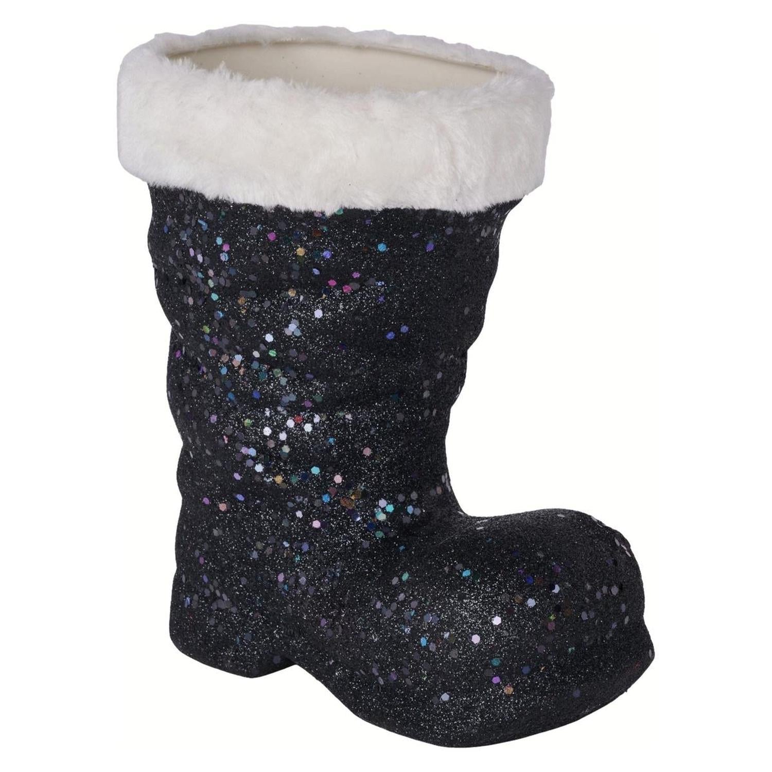 9.5" Glitter Fur Santa Boot: Black