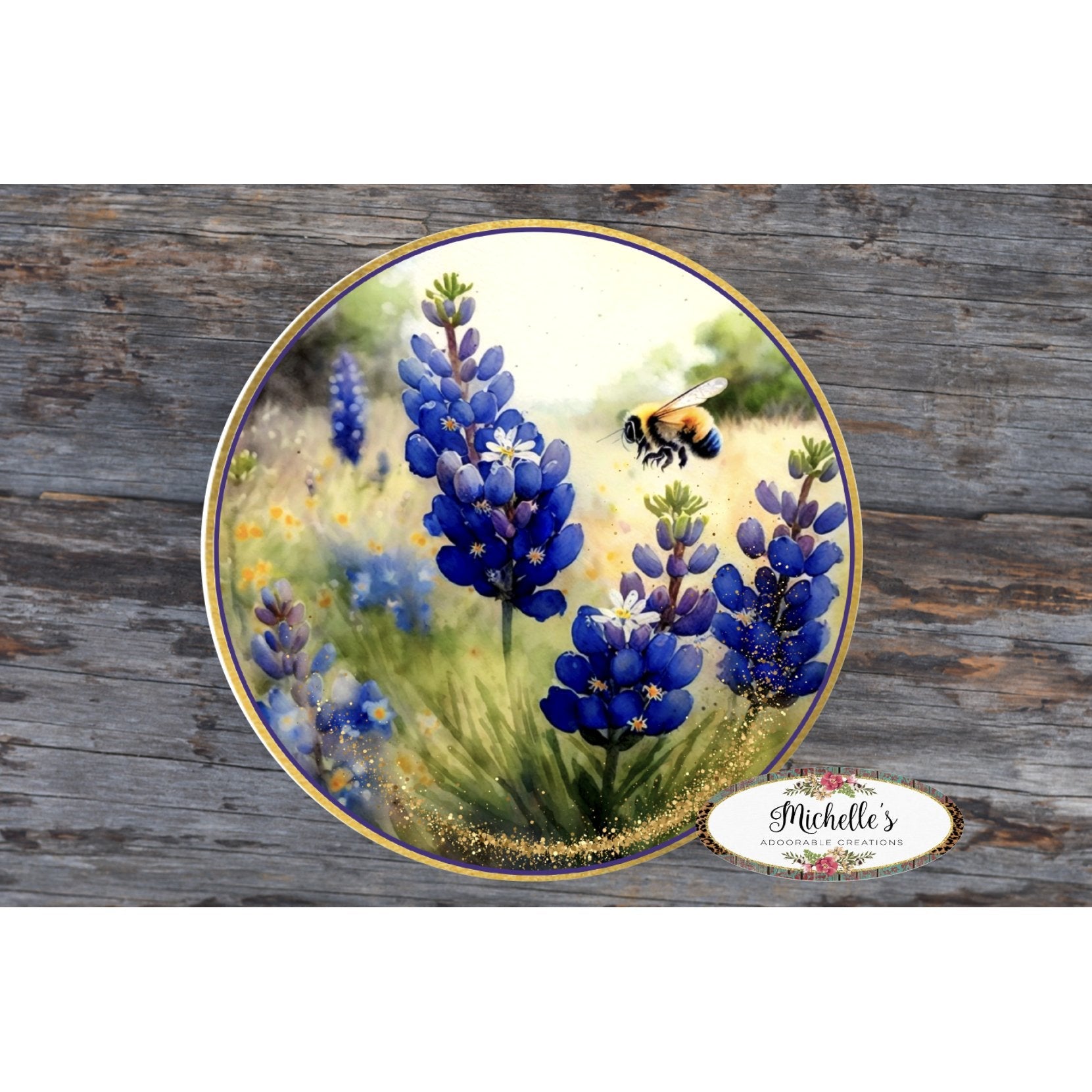 Shop For Bluebonnets Bumble Bee Round Sign - Wreath Enhancement at Michelle's aDOORable Creations