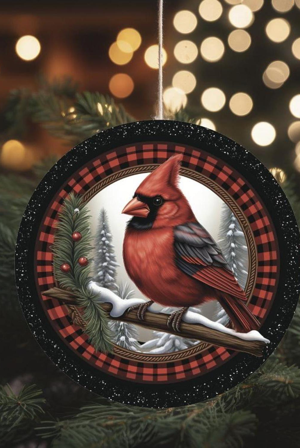 Buffalo Plaid Cardinal Round Sign - Wreath Enhancement