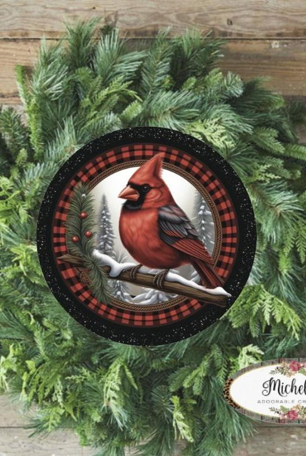 Buffalo Plaid Cardinal Round Sign - Wreath Enhancement