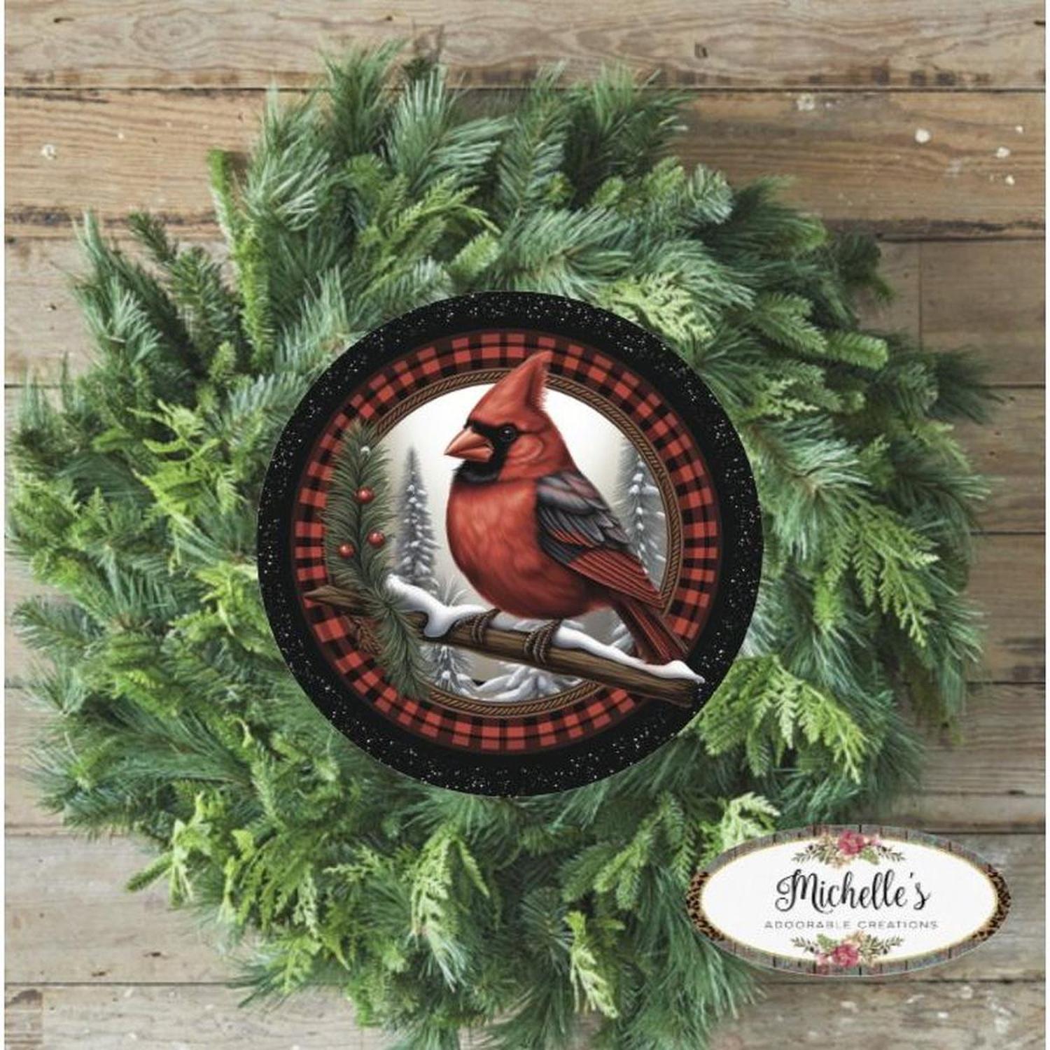 Shop For Buffalo Plaid Cardinal Round Sign - Wreath Enhancement at Michelle's aDOORable Creations