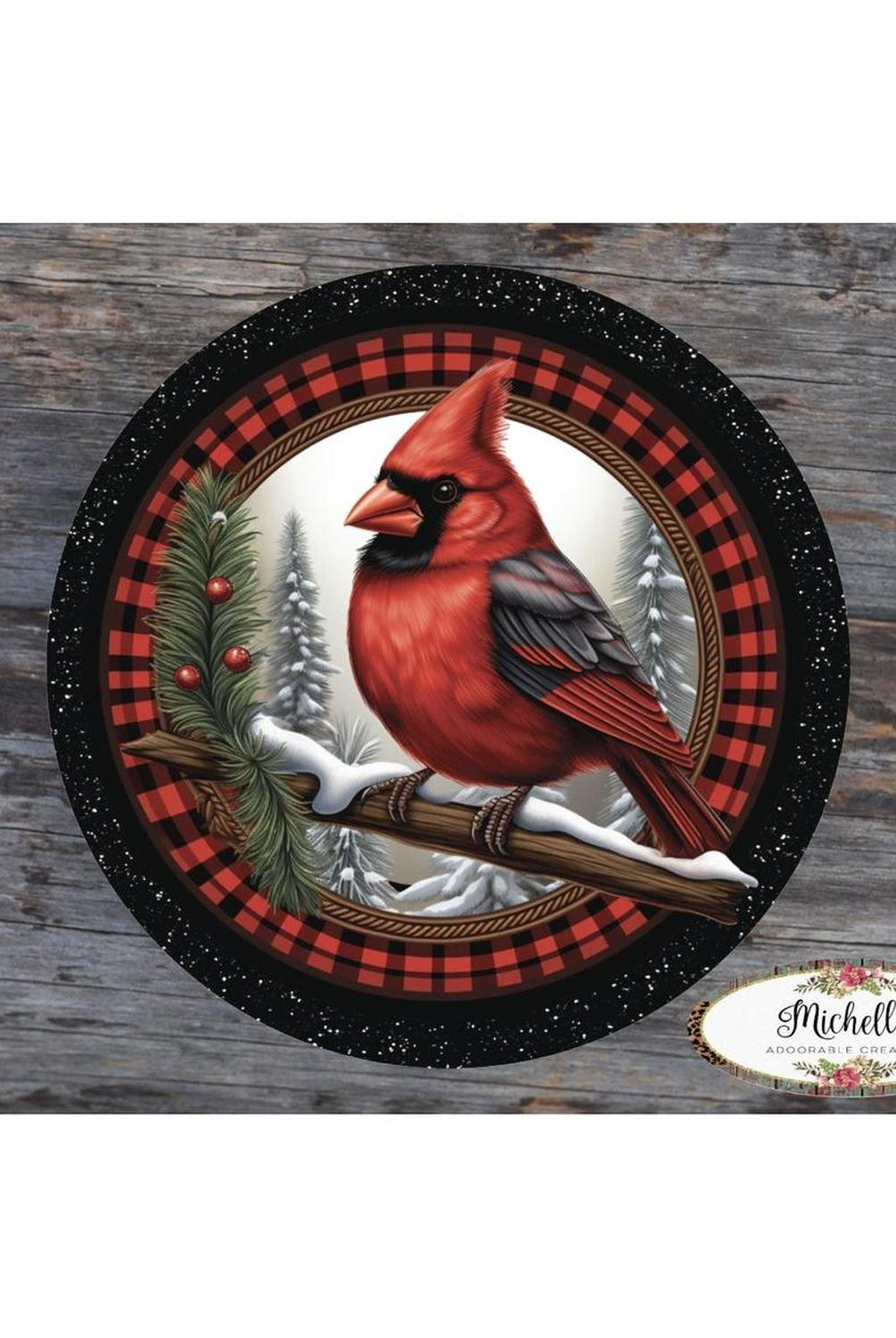 Buffalo Plaid Cardinal Round Sign - Wreath Enhancement