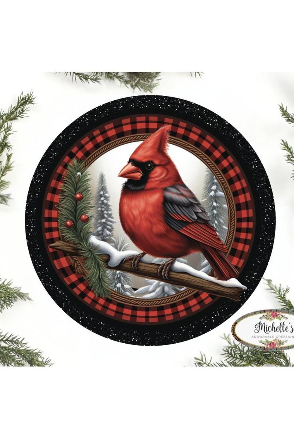 Buffalo Plaid Cardinal Round Sign - Wreath Enhancement