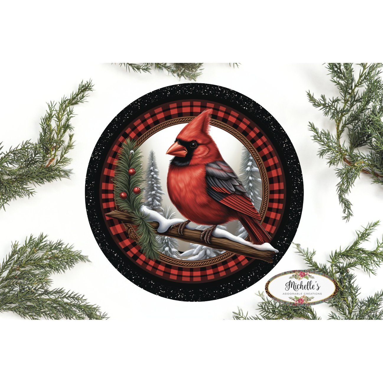 Shop For Buffalo Plaid Cardinal Round Sign - Wreath Enhancement at Michelle's aDOORable Creations