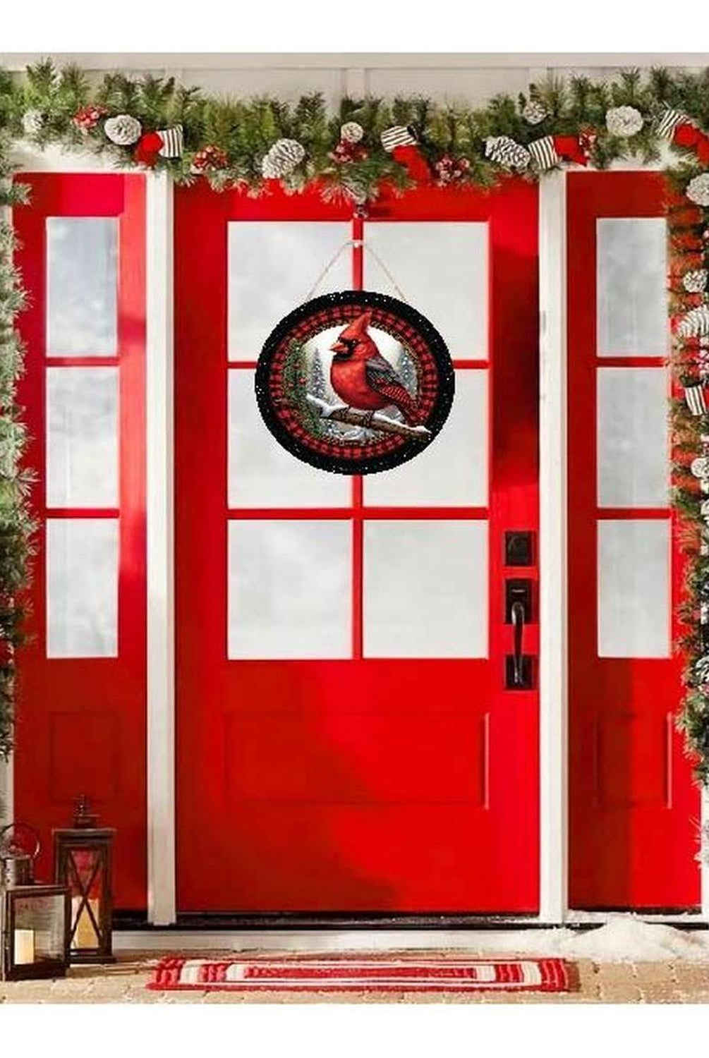 Buffalo Plaid Cardinal Round Sign - Wreath Enhancement