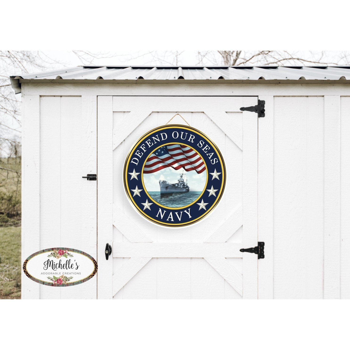 Shop For Defend Our Seas US Navy Round Sign at Michelle's aDOORable Creations