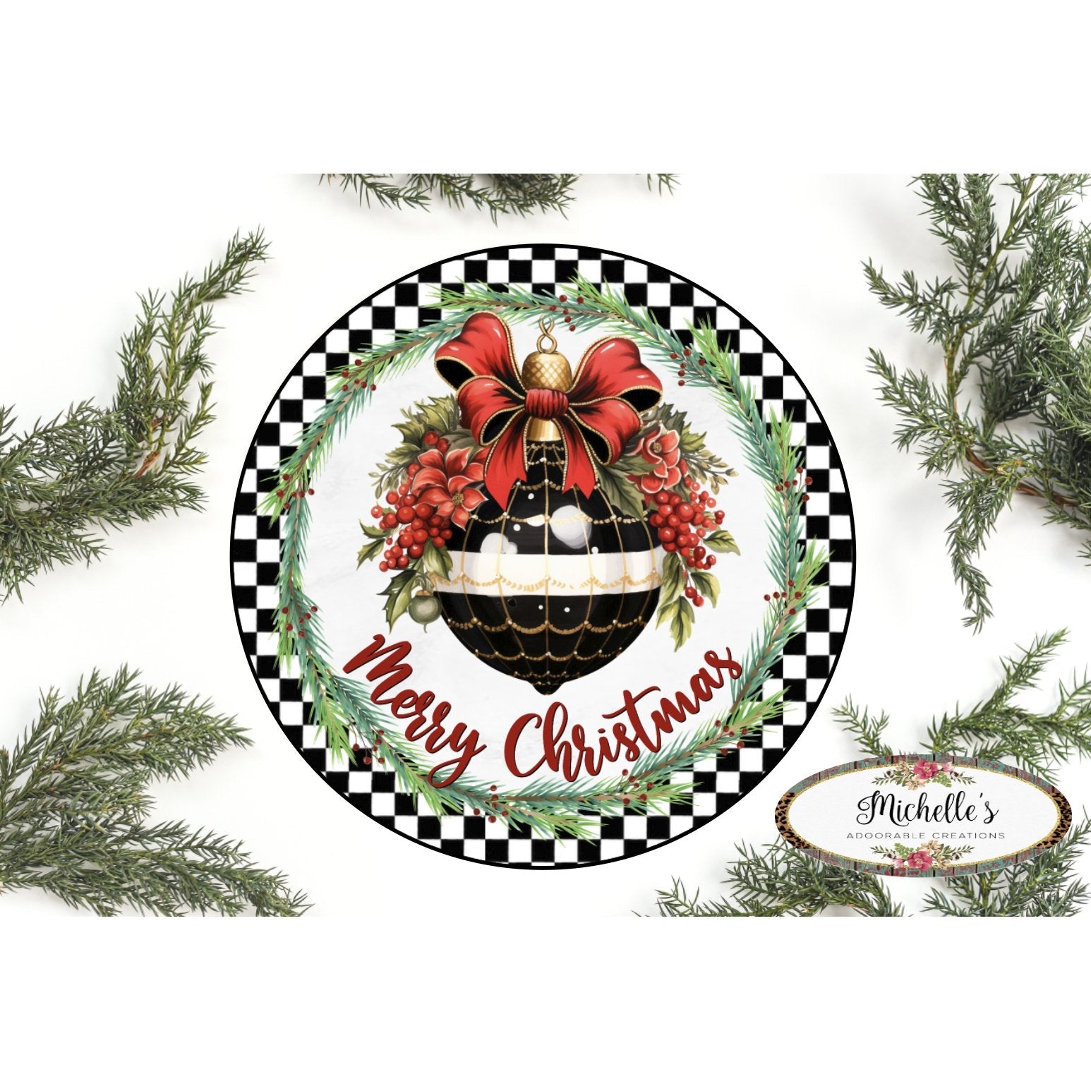Shop For Elegant Merry Christmas Ornament Check Sign - Wreath Enhancement at Michelle's aDOORable Creations