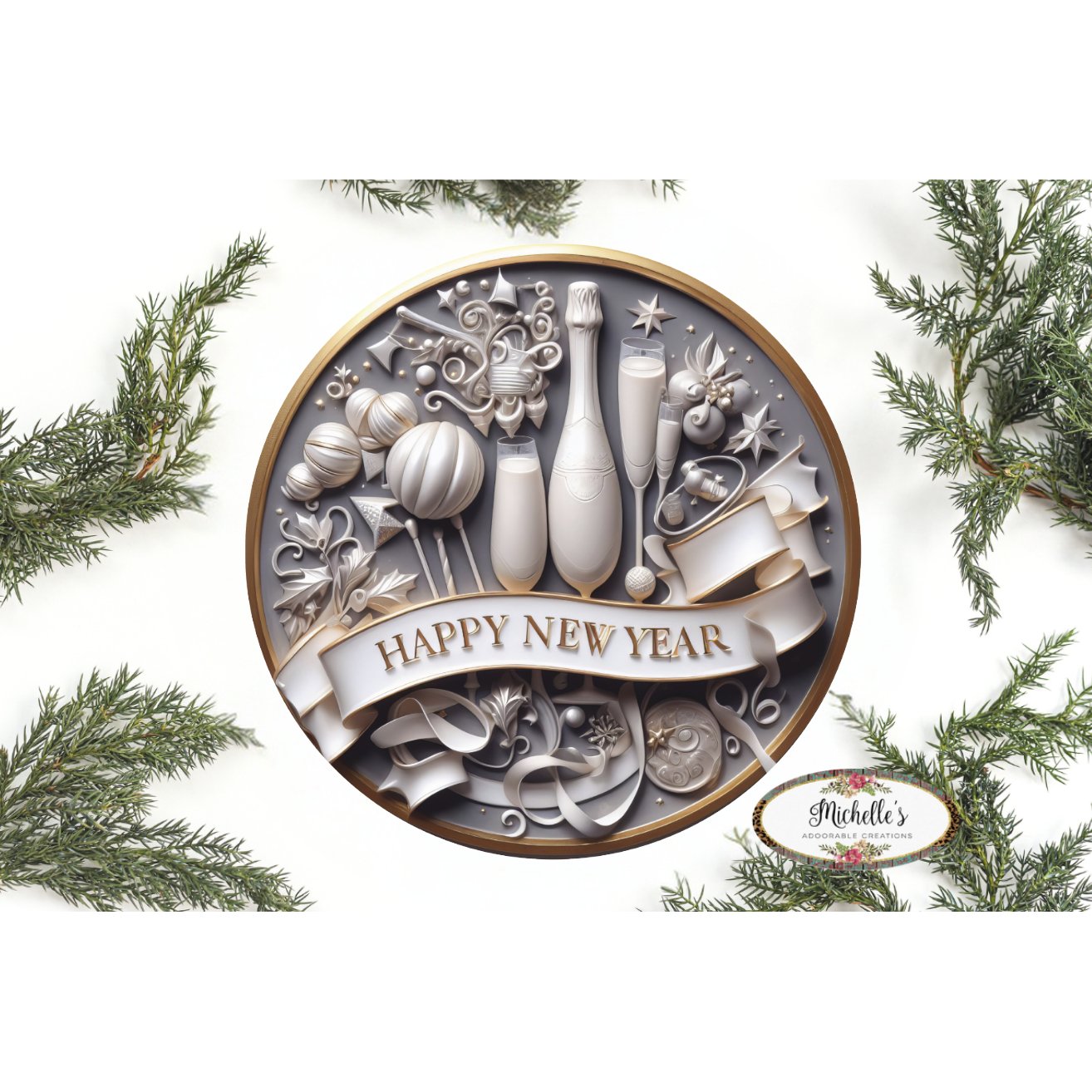 Shop For Faux 3D Happy New Year Round Sign - Wreath Enhancement at Michelle's aDOORable Creations