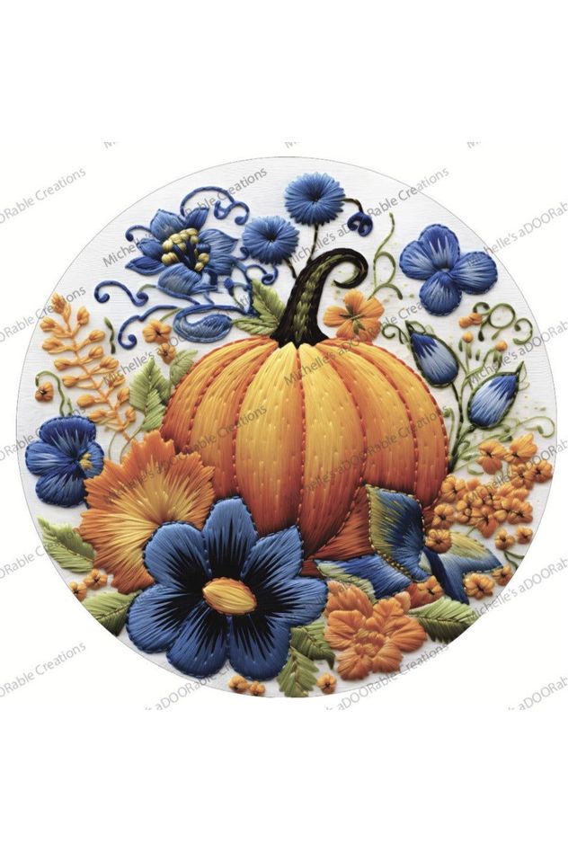 Faux Embroidery Pumpkin Blue Fowers Sign - Wreath Enhancement - Michelle's aDOORable Creations - Signature Signs