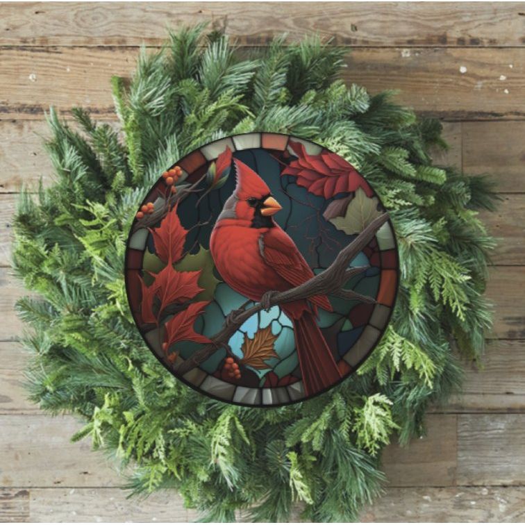 Shop For Faux Stained Glass Cardinal Bird Sign - Wreath Enhancement at Michelle's aDOORable Creations
