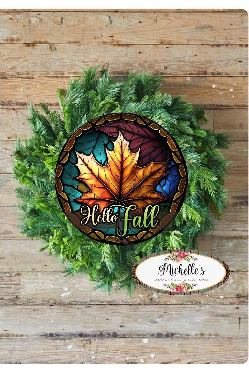 Faux Stained Glass Hello Fall Sign - Wreath Accent Sign - Michelle's aDOORable Creations - Signature Signs