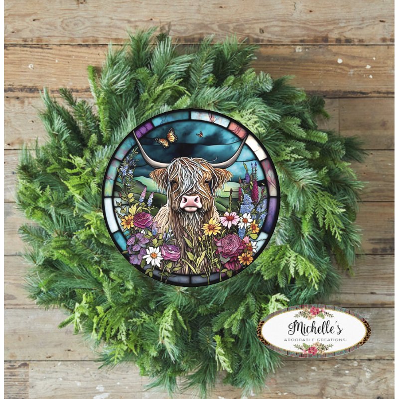 Shop For Faux Stained Glass Highland Cow Sign - Wreath Enhancement at Michelle's aDOORable Creations