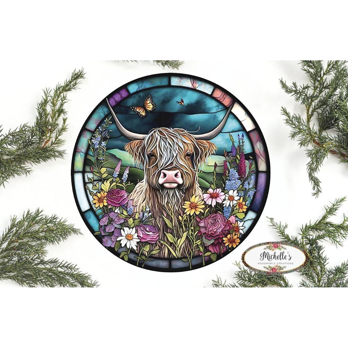Shop For Faux Stained Glass Highland Cow Sign - Wreath Enhancement at Michelle's aDOORable Creations