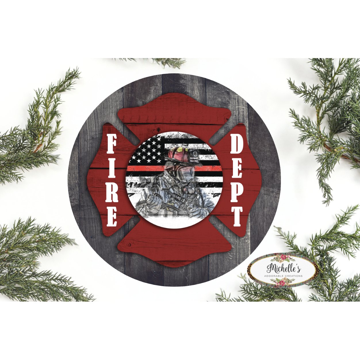 Shop For Fire Department Thin Red Line Round Sign - Wreath Enhancement at Michelle's aDOORable Creations
