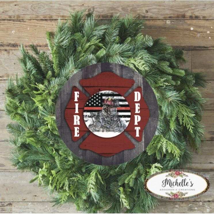 Shop For Fire Department Thin Red Line Round Sign - Wreath Enhancement at Michelle's aDOORable Creations