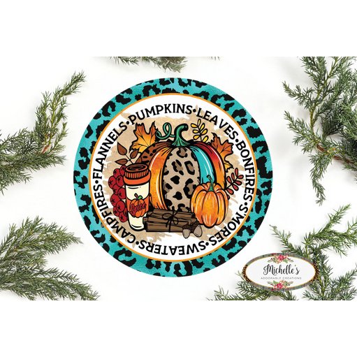 Shop For Flannels Pumpkins Leaves Teal Leopard Sign - Wreath Accent Sign at Michelle's aDOORable Creations