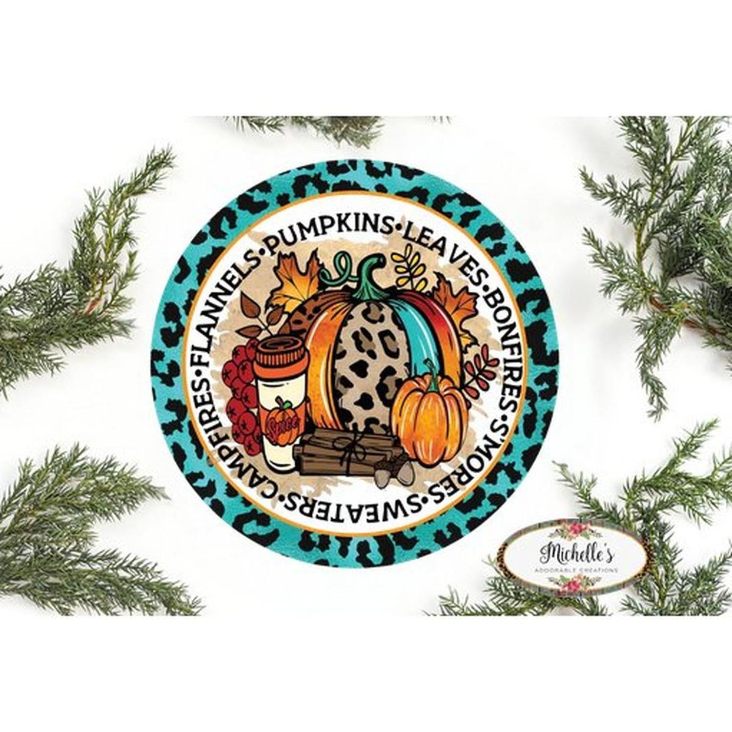Shop For Flannels Pumpkins Leaves Teal Leopard Sign - Wreath Accent Sign at Michelle's aDOORable Creations