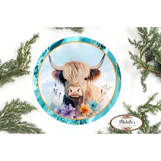 Shop For Floral Highland Cow Round Sign - Wreath Enhancement at Michelle's aDOORable Creations